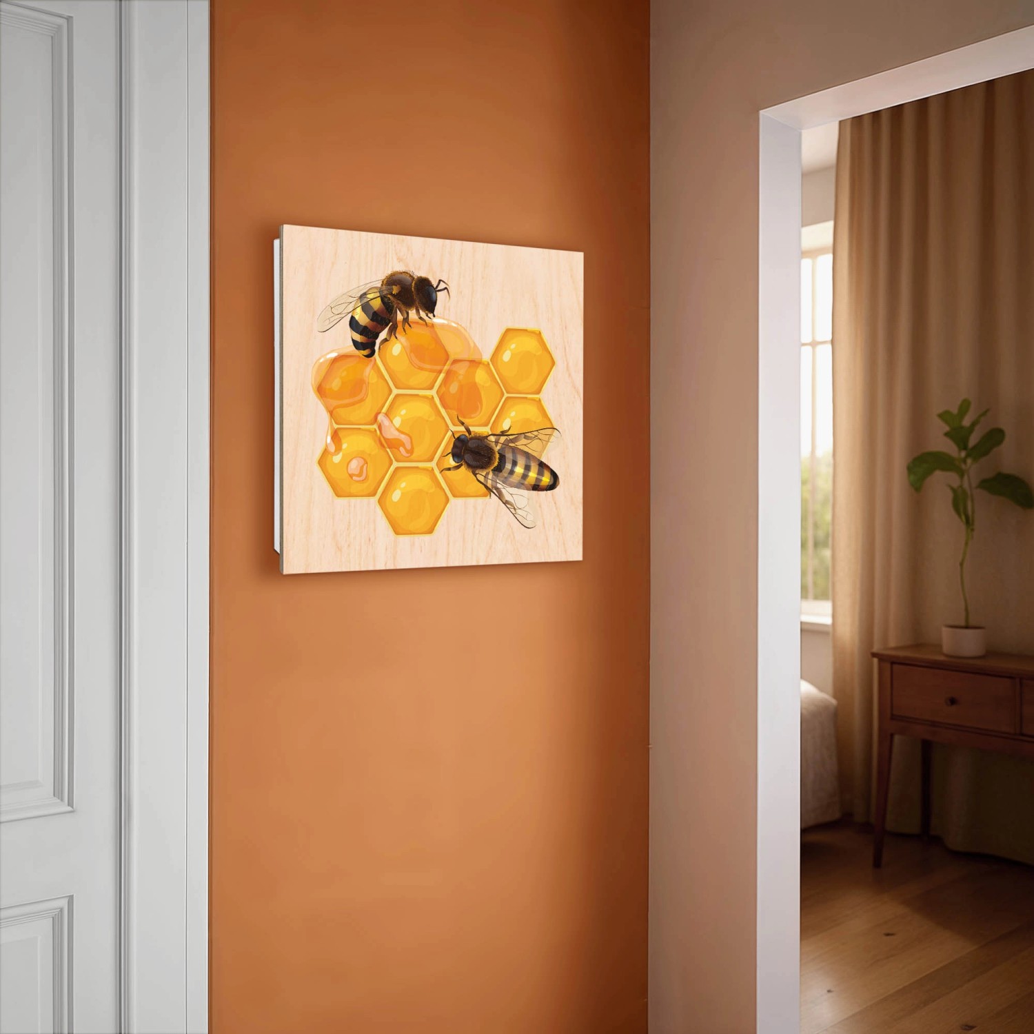 Banjado Schlüsselbox mit Bienenmotiv auf Honigwaben, weiße Schlüsselkasten mit 50 Haken.