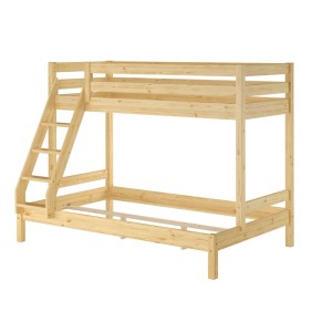Helles Kiefernholz Doppel-Etagenbett mit Leiter, oben 90x200 cm, unten 140x200 cm, für 3 Personen.