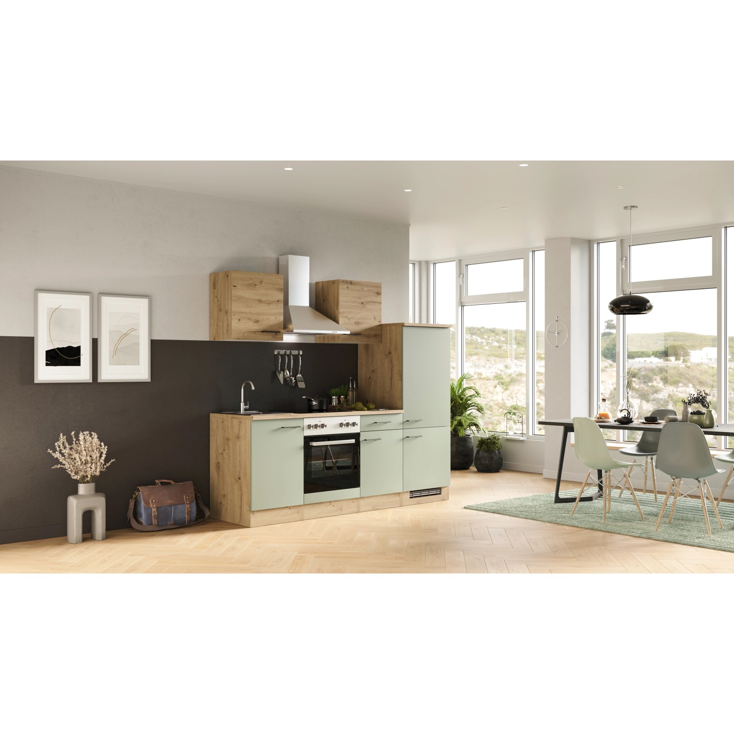 Flex-Well Küche Cara, 220 cm, Schilfgrün/Artisan Eiche, mit E-Geräten. Kompakte Einbauküche für kleine Räume.