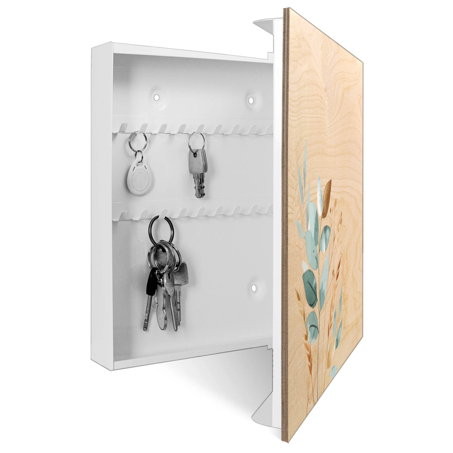 Weißer Schlüsselkasten aus Holz mit minimalistischem Blätter-Motiv, 50 Haken, 30x30cm.