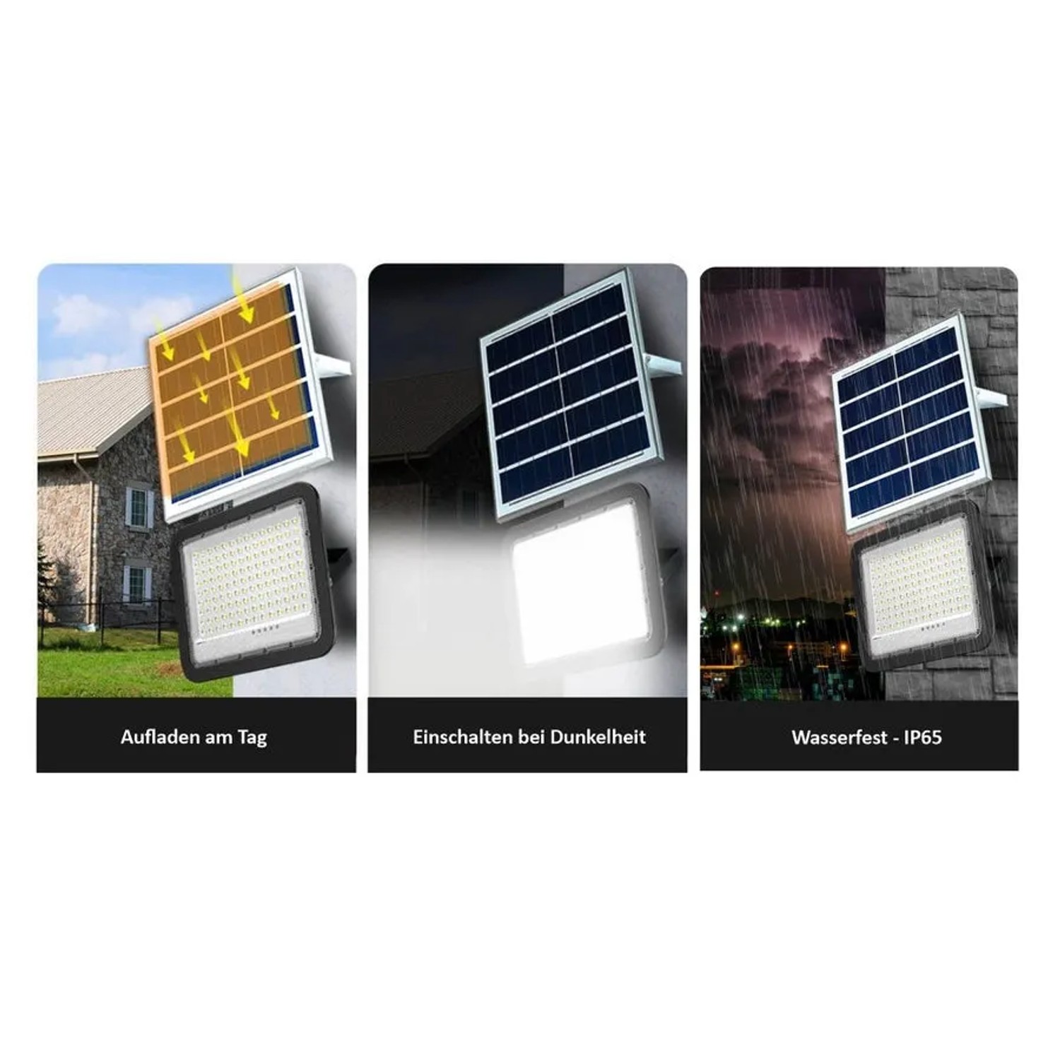 ENOVALITE Solarstrahler PRO: Solarpanel lädt, leuchtet im Dunkeln, wasserfest. Ideal für Garten & Hof.