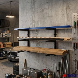 Schwarzes PROREGAL Kragarmregal zur Wandmontage mit 3 Ebenen in Garage für Holzlagerung.