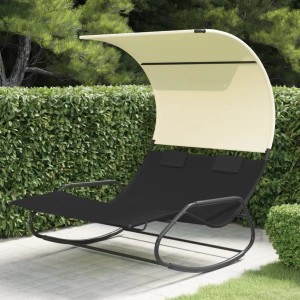 furnicato Doppel-Schaukelliege mit Sonnendach in Schwarz und Creme für Garten oder Terrasse.