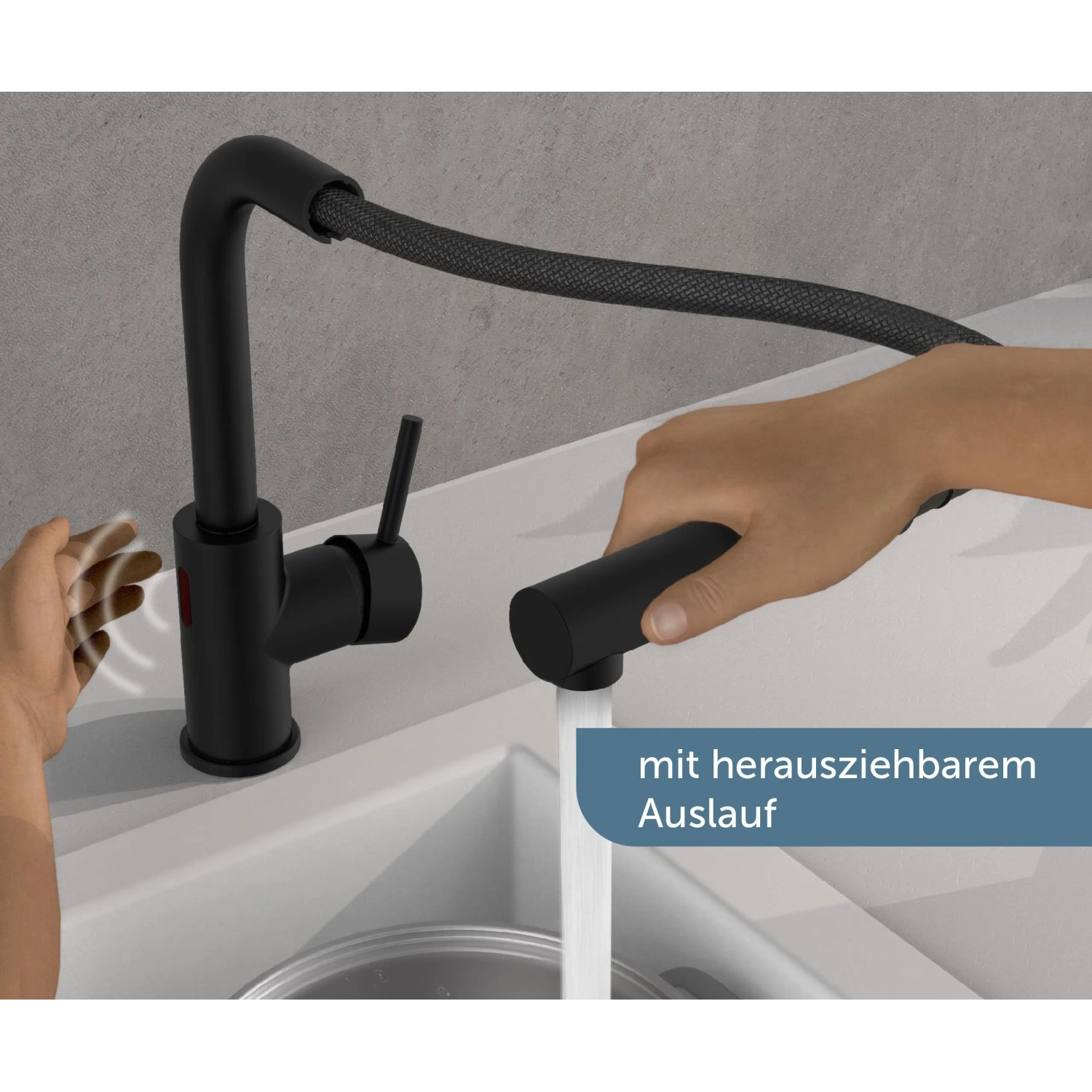Schwarze Schütte Sensor-Spültischarmatur Vital mit Ausziehbrause in Nutzung.