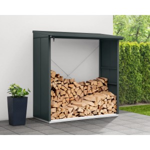 EcoStar Kaminholzregal Elegant-V, anthrazitgrau, gefüllt mit Holzscheiten.