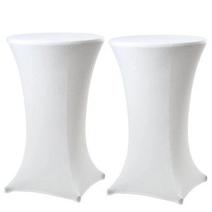 Zwei weiße Stretch Stehtischhussen für 70cm Tische. Elastisches Polyestergewebe, ideal für Events und Feiern.