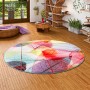 Runder, bunter Designer Teppich Faro Tropical mit Blättermuster, 200cm Durchmesser.