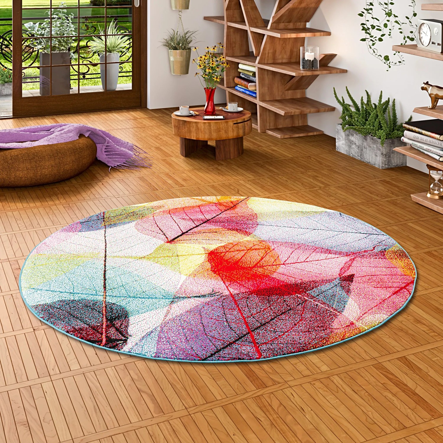 Runder, bunter Designer Teppich Faro Tropical mit Blättermuster, 200cm Durchmesser.