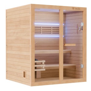 Dewello Finnische Sauna Tofino 160x150cm mit Harvia Ofen und Aufguss-Set, aus Hemlocktanne mit Glaselementen.