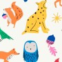 Mehrfarbige Joules Vliestapete mit Waldtier-Motiven (Eule, Fuchs, Eichhörnchen) auf weißem Grund.