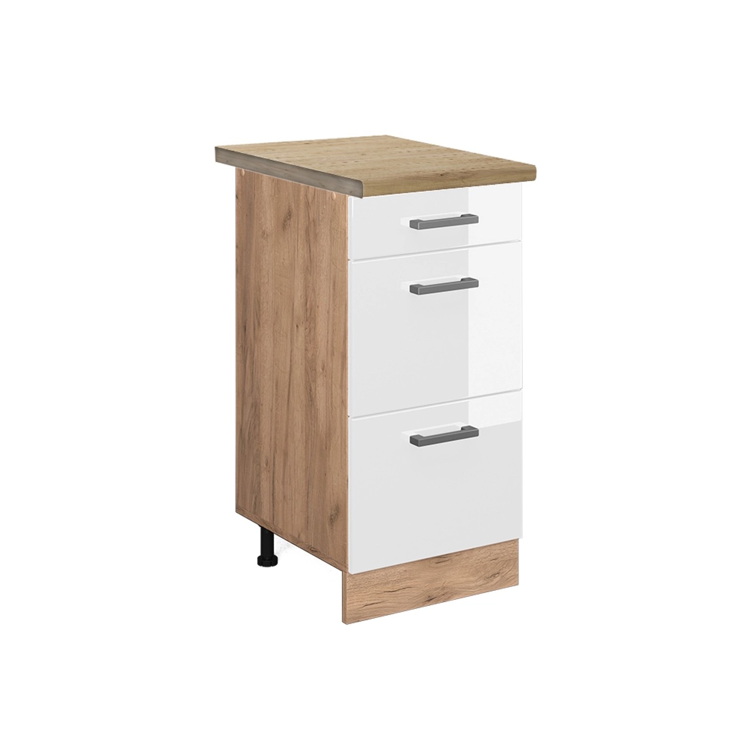 Vicco Küchenunterschrank R-Line Weiß Hochglanz/Goldkraft Eiche 40 cm mit Schubladen AP Eiche