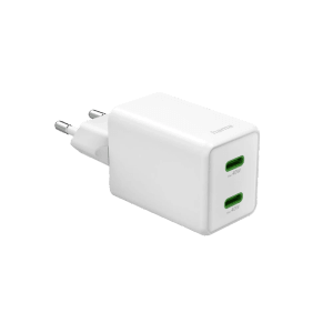 Weißes Hama Super-Mini-Ladegerät GaN mit 2 USB-C Ports und 40W Leistung.