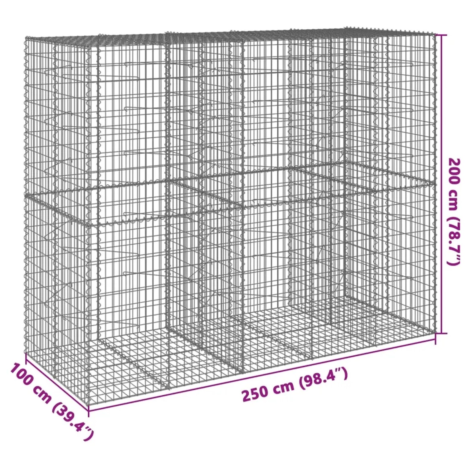 Leere, silberne Gabione mit Deckel, 250x100x200 cm, aus Eisendraht für Hochbeete oder Gartendeko.