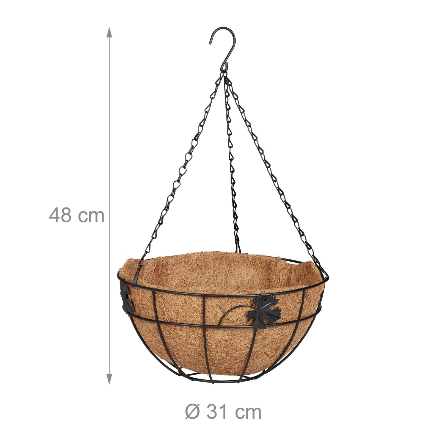 Relaxdays Blumenampel 3er Set Eisen Kokosfaser Schwarz Natur 48 cm x 31 cm 1,44 kg_4