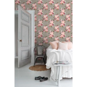 ESTAhome Vliestapete mit Blumen- und Vogelmuster in Sepiabraun. Dekorative Tapete mit rosa Rosen im Schlafzimmer.