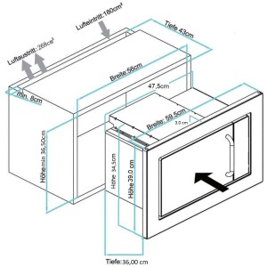 Skizze der PKM Einbau-Mikrowelle MW800.8-20G-EB mit Maßangaben für den Einbau.