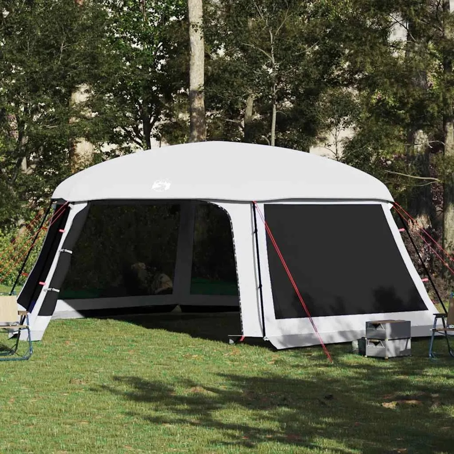 Graues vidaXL Poolzelt 670x590cm mit Netzwänden und abnehmbarem Überzelt im Garten.