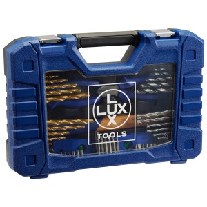 Blauer LUX Werkzeugkoffer, 71-teilig, mit Bohrern, Bits und Handwerkzeugen im Kunststoffkoffer.