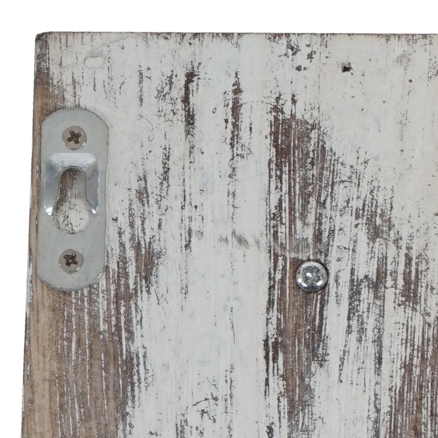 Detailaufnahme: Weißer MCW Tassenhalter Monaco Wandregal im Shabby-Look mit Aufhängung.