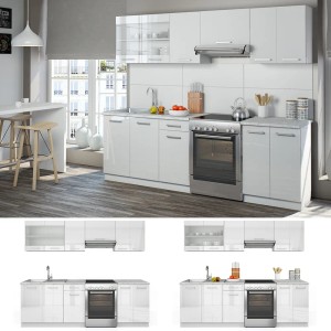 Vicco Küchenzeile Raul, 240 cm, Weiß mit Marmor Arbeitsplatte und LED-Beleuchtung.