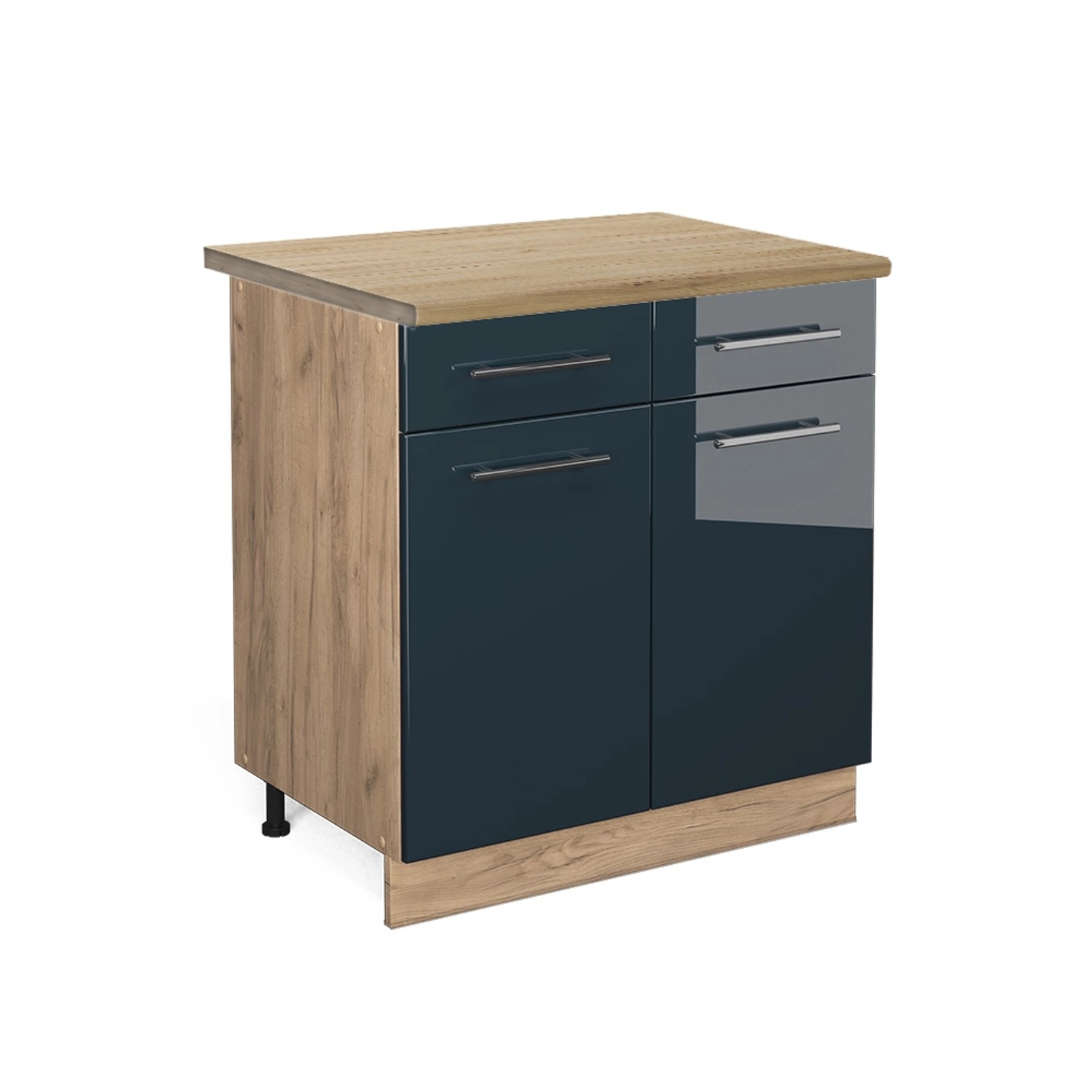 Vicco Küchenunterschrank Fame-Line Dunkelblau Hochglanz/Goldkraft Eiche 80 cm AP Eiche
