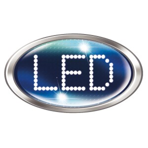 Detailaufnahme des LED-Logos des Wenko Barona Kosmetikspiegels.