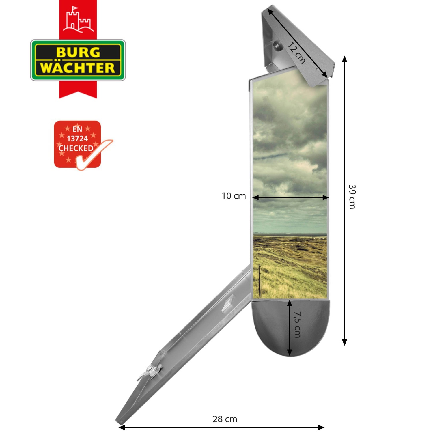 Edelstahl Briefkasten mit Zeitungsfach und Leuchtturm Sylt Motiv, 38x39x12cm.