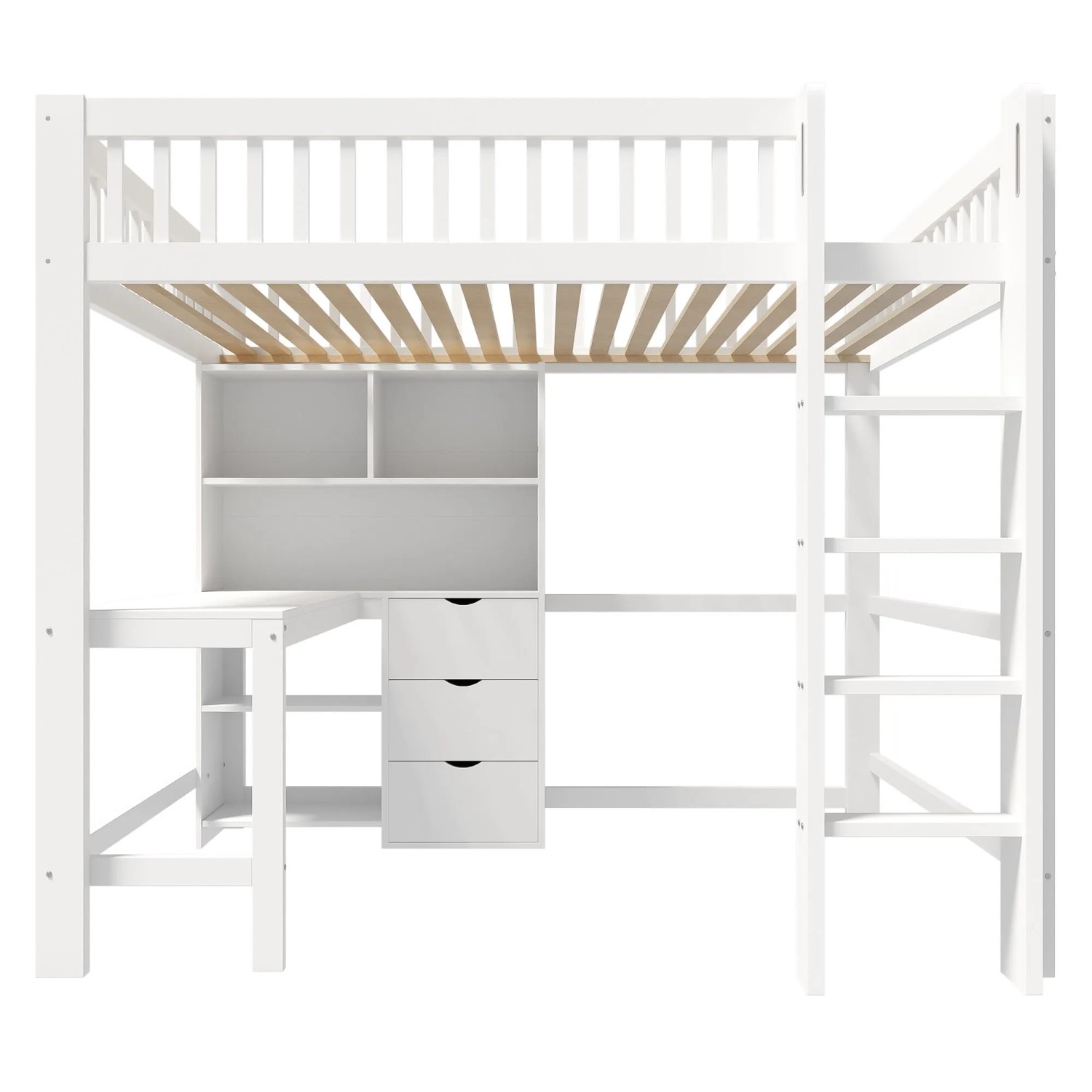 okwish Hochbett 140x200cm mit 3 Schubladen Schreibtisch und Ablagen Weiß ohne Matratze