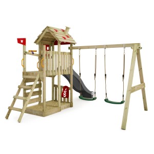 Wickey Spielturm FarmFlyer mit Rutsche und Schaukel, Holz natur, für den Garten.