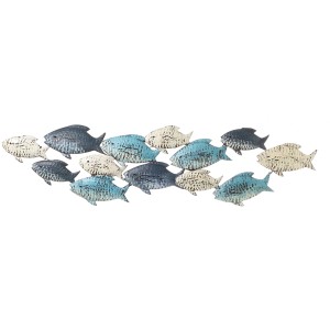 Wanddeko Fischschwarm aus Metall, creme-blau, 19x75 cm, maritime Gartendekoration.