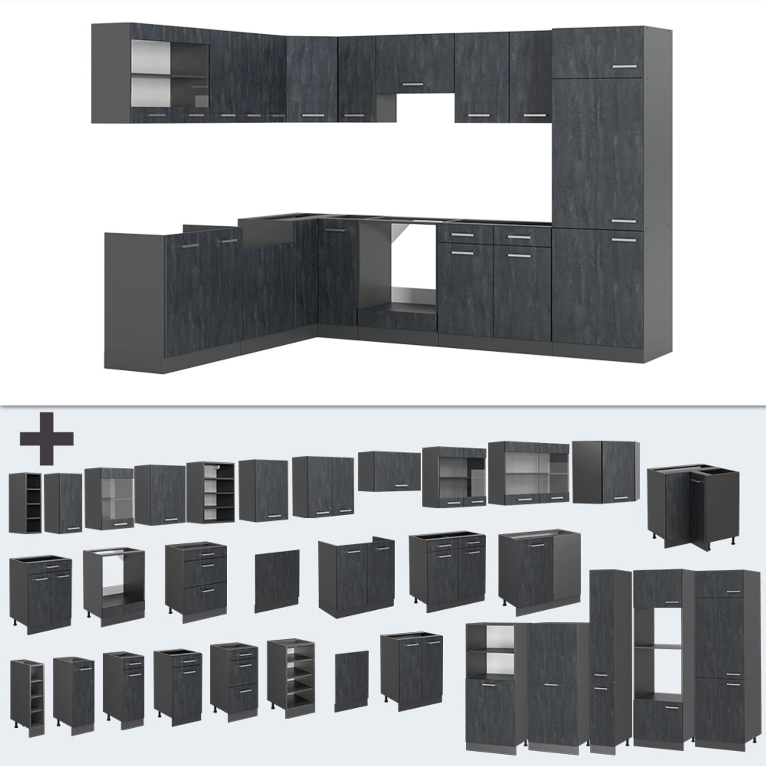Vicco R-Line Einbauküche in L-Form, Schwarz Beton/Anthrazit, mit optionalen Modulen.