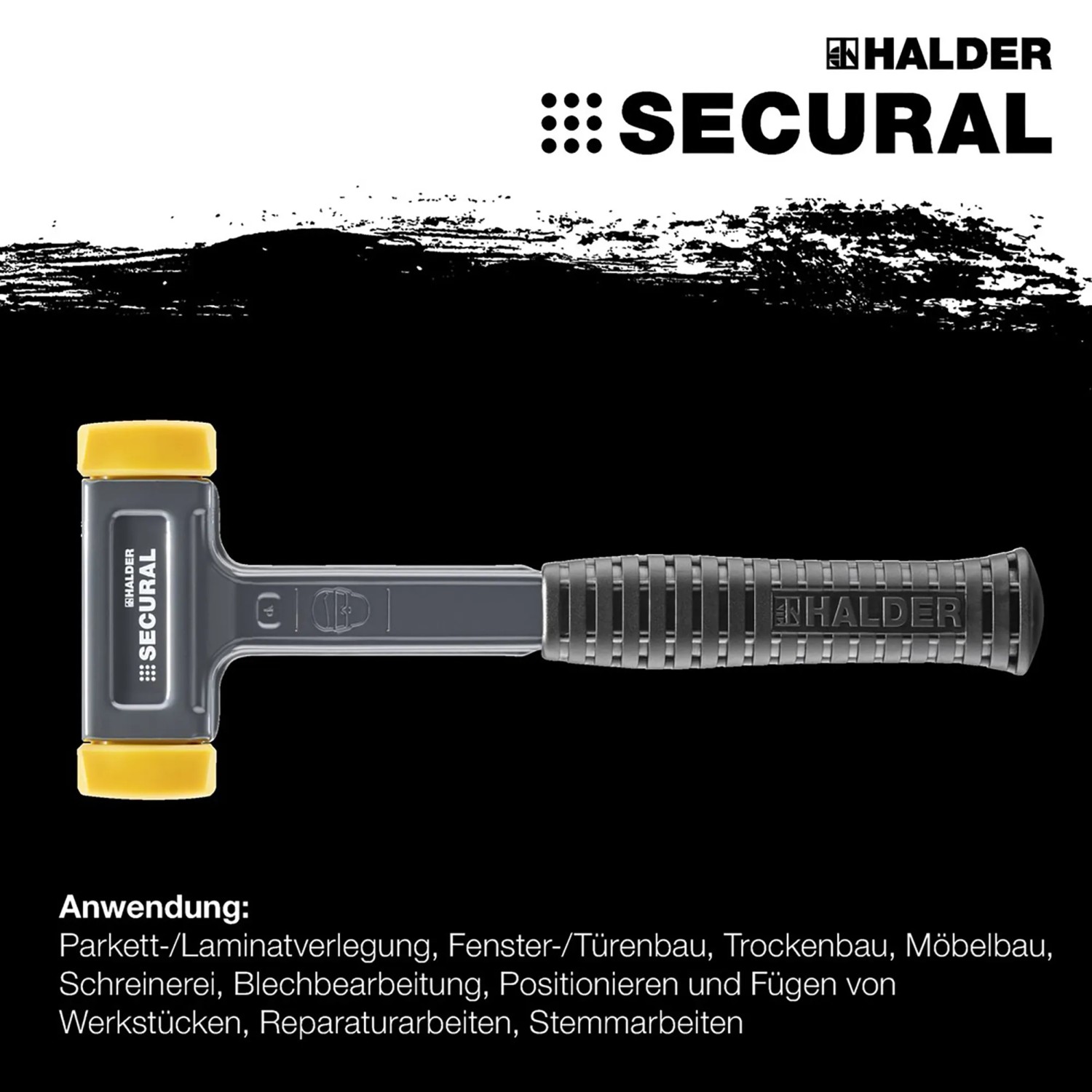 Halder Secural Schonhammer, rückschlagfrei, Ø 35/45 mm, mit gelben Polyurethan-Einsätzen.
