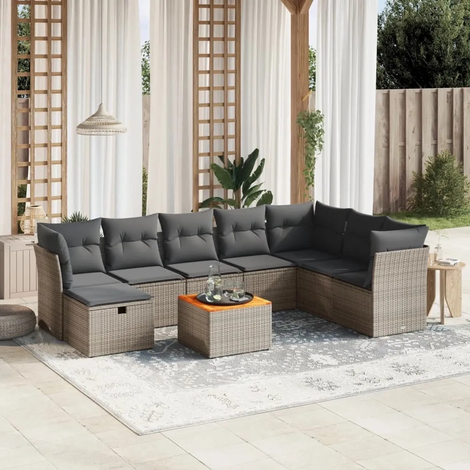 Graue 9-tlg. vidaXL Garten-Sofagarnitur aus Rattan mit Kissen für Terrasse und Garten.