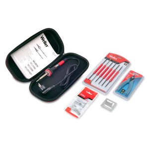 Weller Elektroniklöt-Set WLPROESKEU1, 12-teilig mit Lötkolben, Zange, Löthilfe und Aufbewahrungsbox.