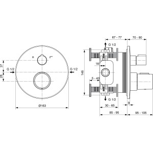 Technische Zeichnung: Ideal Standard Ceratherm T100 Unterputz Badethermostat, Maße und Anschlüsse.