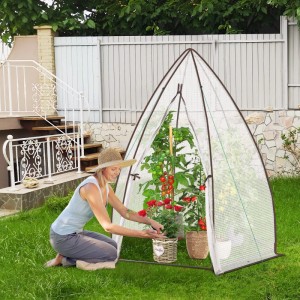 Frau pflegt Tomaten und Blumen in einem transparenten, sechseckigen Sekey Foliengewächshaus (160x160x180cm) mit Spitzdach im Garten.