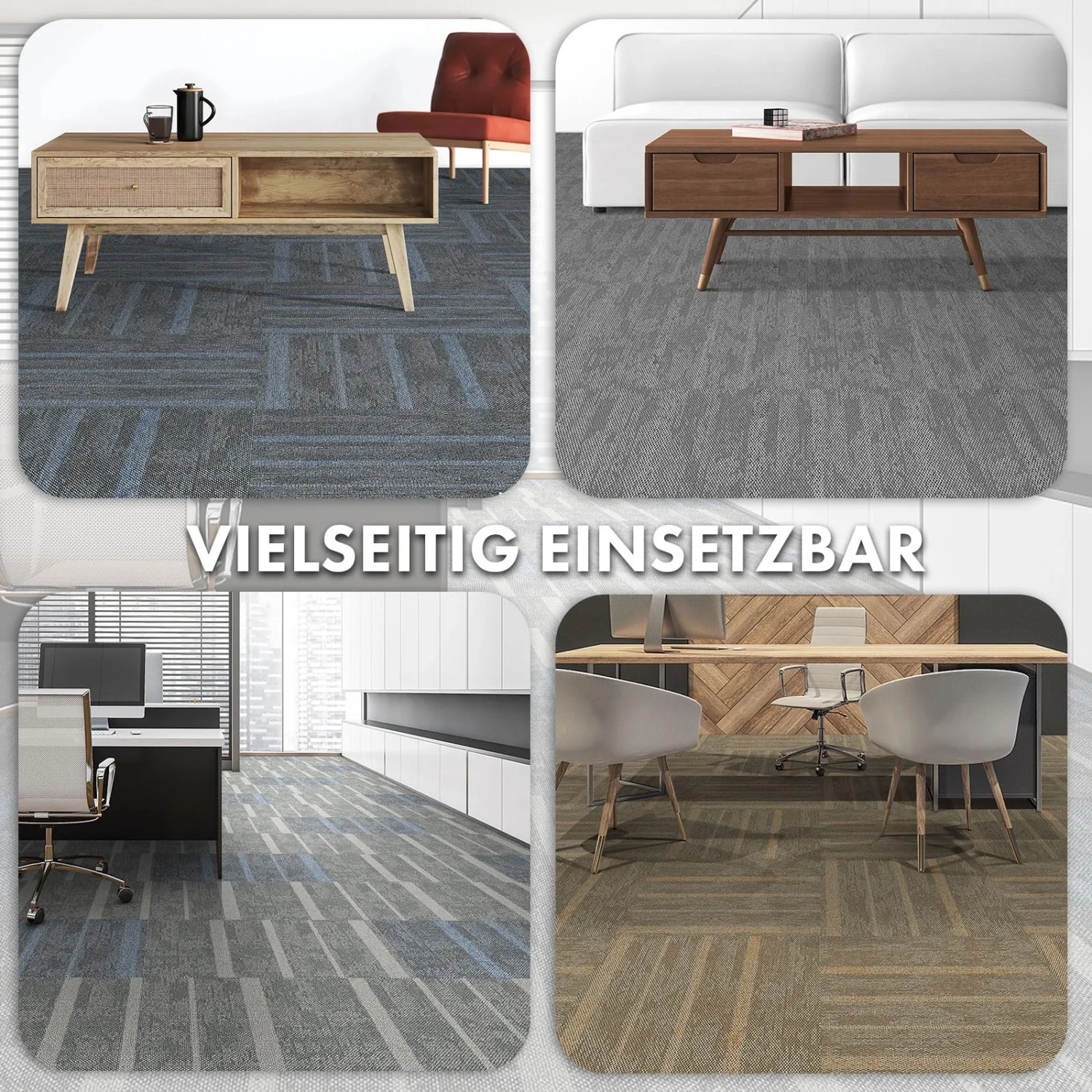 Floordirekt Teppichfliesen Zürich Anthrazit, verschiedene Anwendungsbeispiele im Überblick.