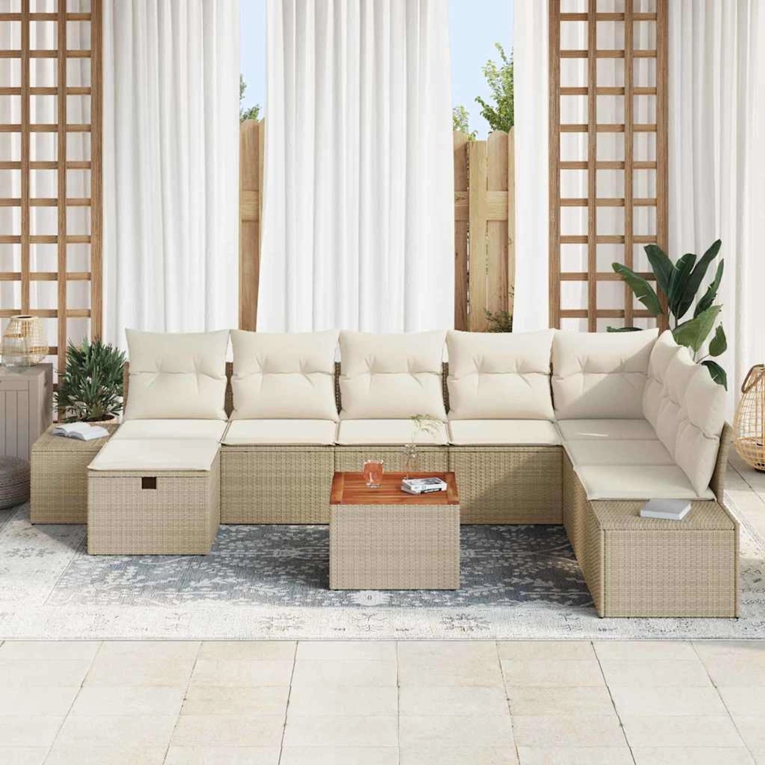 Beiges 9-teiliges vidaXL Garten-Sofa-Set aus Rattan mit Kissen und Stauraum.