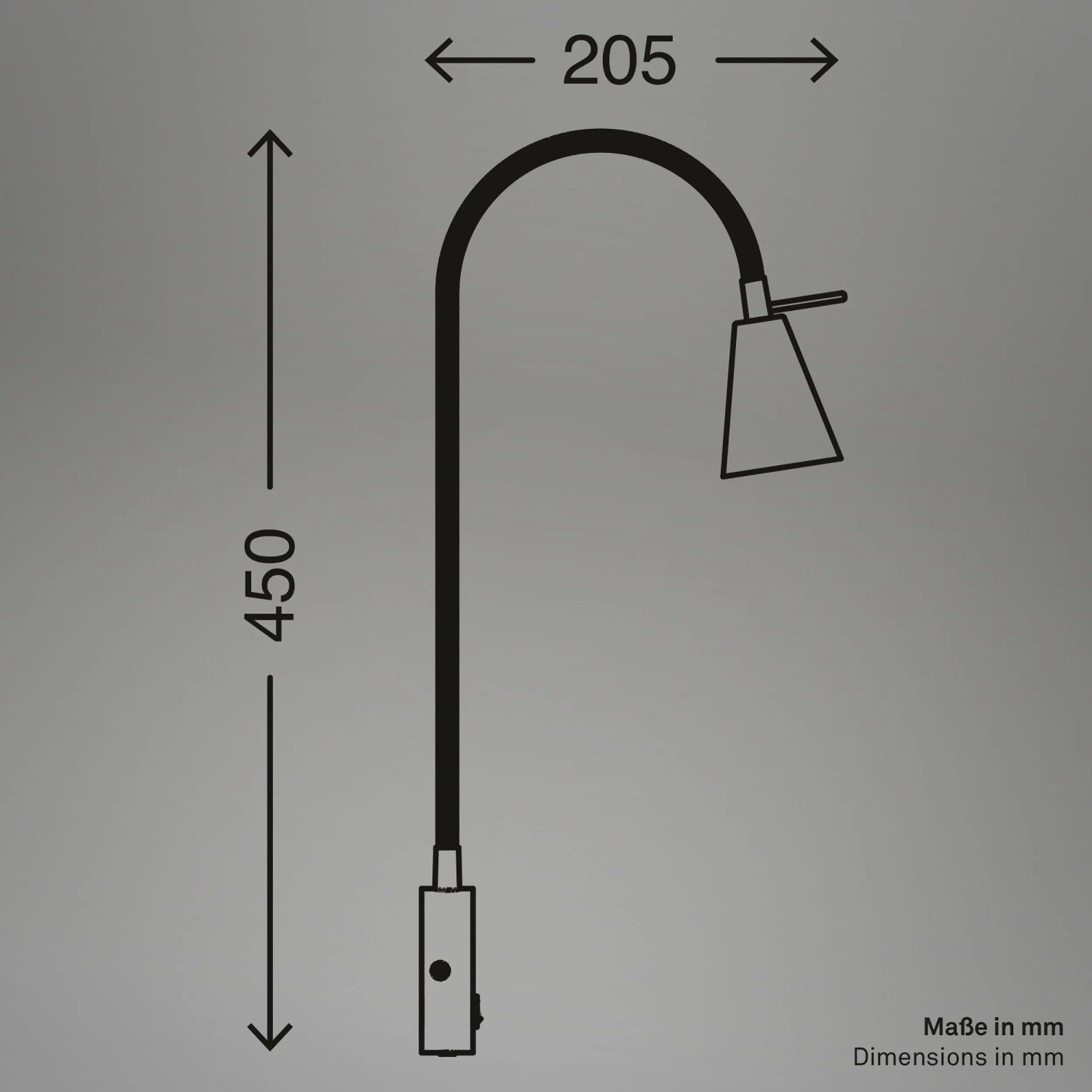 Skizze der weißen Briloner LED Bettleuchte Tusa mit Flexarm und Maßangaben.