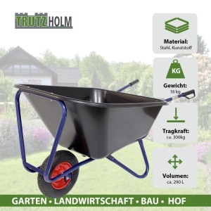 Schwarze TRUTZHOLM Schubkarre XXL mit Luftrad, Metallfelge und Kunststoffmulde. Tragkraft 300kg.
