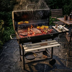 Mobiler Holzkohlegrillwagen aus schwarzem Stahl mit Holzablagen, Deckel und Thermometer. Fleisch und Mais grillen auf Terrasse.