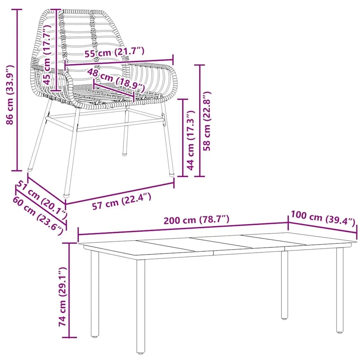 vidaXL 9-teiliges Garten-Esszimmerset aus Polyrattan mit Maßen. Gartenmöbel für Terrasse und Garten.