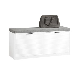 Weiße SoBuy Sitzbank FSR147-W mit zwei Klappen, grauem Sitzkissen und Handtasche.