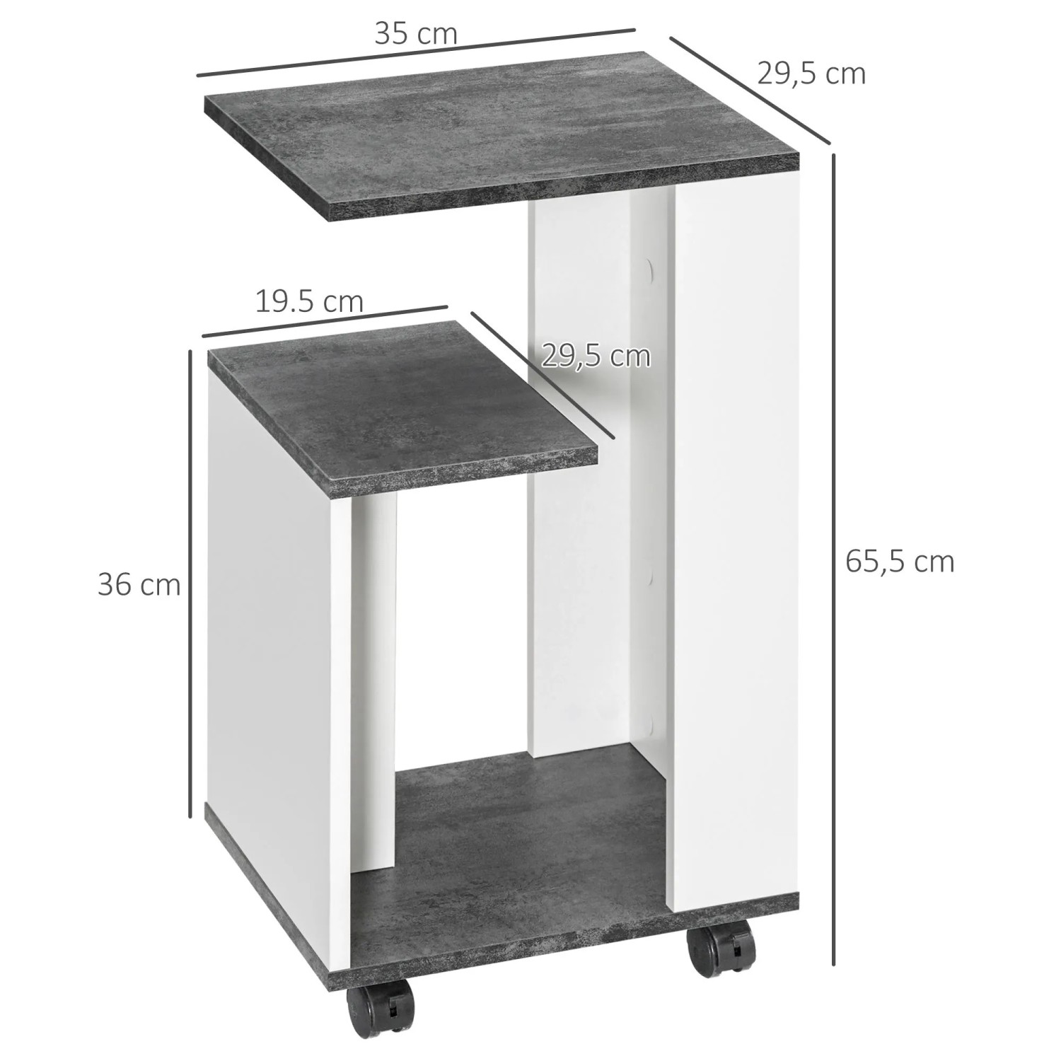 HOMCOM Nachttisch, grau-weiß, mit 3 Ablagen und Rollen. Modernes Design aus Spanplatte.