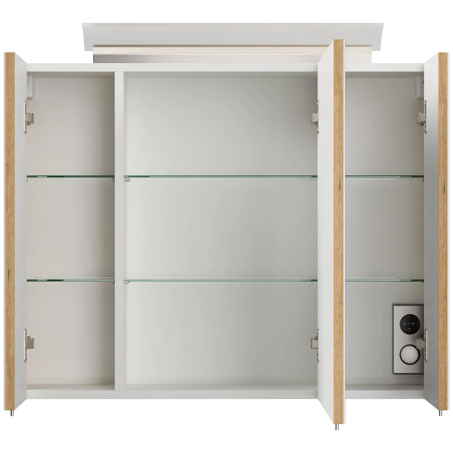 Offener Posseik Spiegelschrank 80 cm Eiche Gold mit LED-Lampe und Glasböden.
