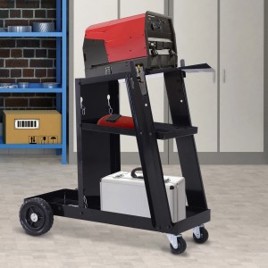 Schwarzer DURHAND Schweißwagen mit 3 Regalen und Sicherheitskette, ideal für Werkstatt und Garage.