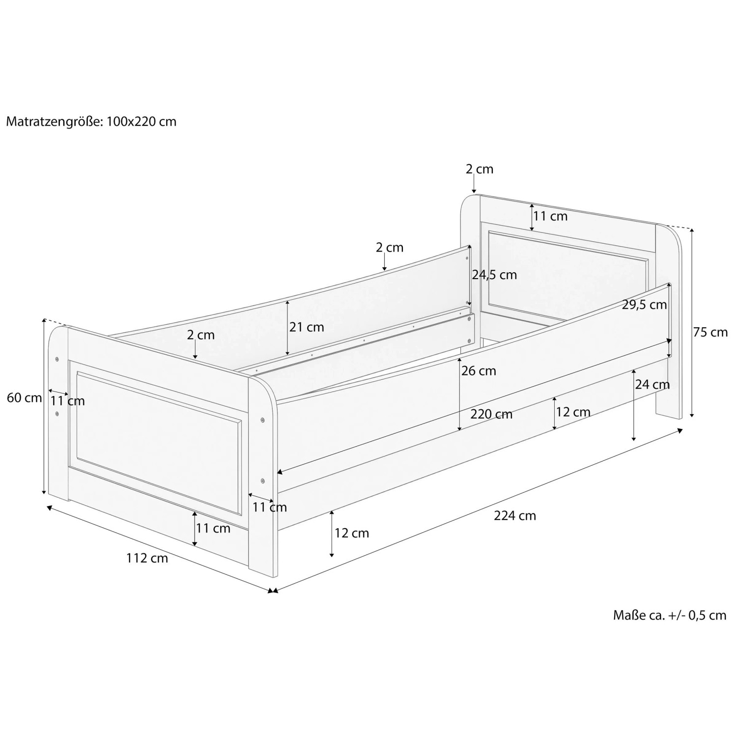 Erst-Holz Seniorenbett 100 x 220 Überlänge Kiefer Massiv mit Rollrost Modell 42_4
