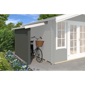 Lasita Schleppdach mit Seitenwand in Grau-Grün am Gartenhaus, mit Fahrrad davor.