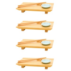 DuneDesign 4er Sushi-Set: Japanische Servierbretter aus Bambus mit Schälchen und Stäbchen.
