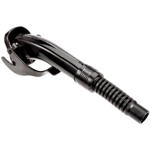 Schwarzer LUX Auslaufstutzen für Metall-Benzinkanister mit flexiblem Spiralschlauch.